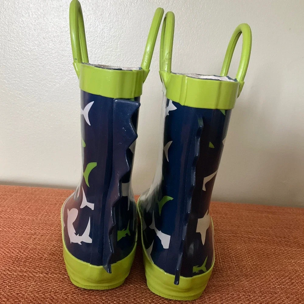 Kids Shark Print Rubber Rain Boots Blue Green 3D Fin‎ Size 6 Waterproof Unisex